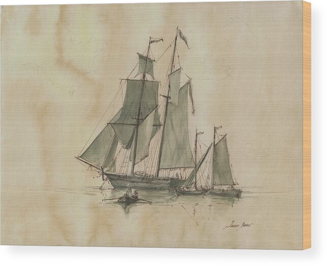 Antigua Regatta Gaff Schooner Wood Print featuring the painting Gaff schooner yacht by Juan Bosco