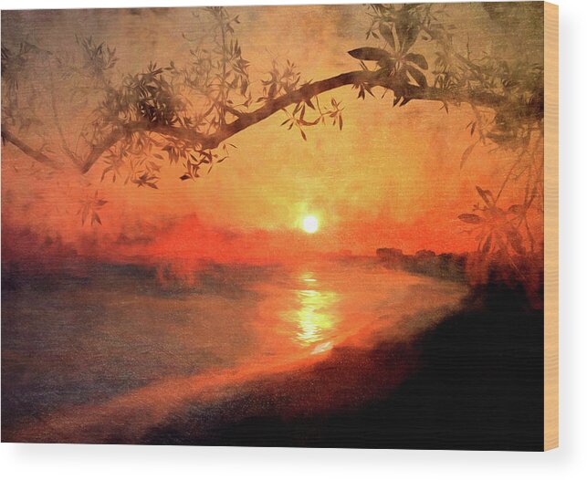 Sunset Wood Print featuring the mixed media Golden Painted Sunset by Rosalie Scanlon