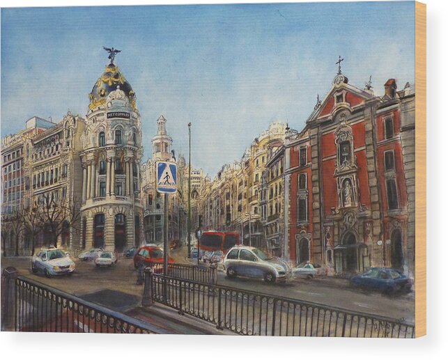 Architecture Wood Print featuring the painting Gran Via, Madrid III by Henrieta Maneva