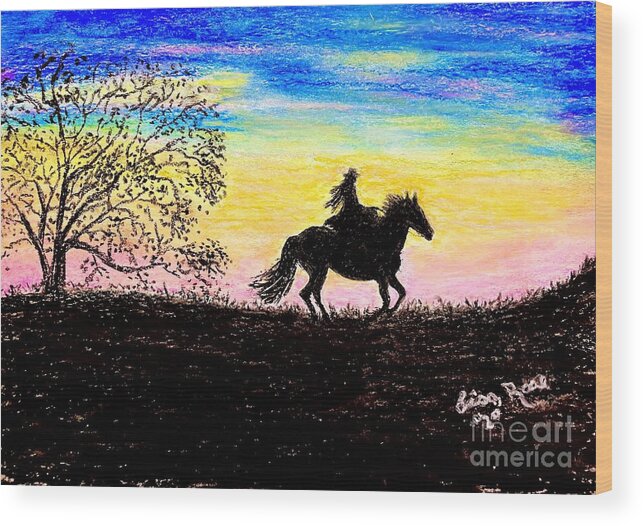 Horse Sunset Wood Print featuring the painting Grandaughter on a horse by Lisa Rose Musselwhite