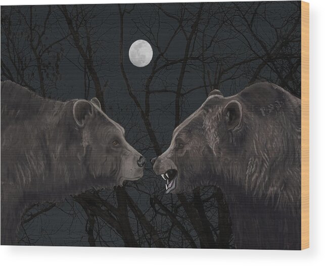 Grizzly Wood Print featuring the mixed media Grizzly Night by Judy Cuddehe