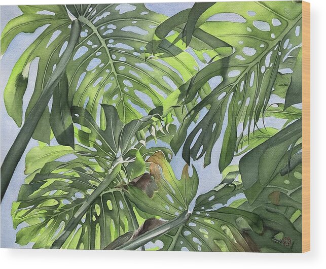 Monstera Wood Print featuring the painting Heavenly View by Kelly Miyuki Kimura