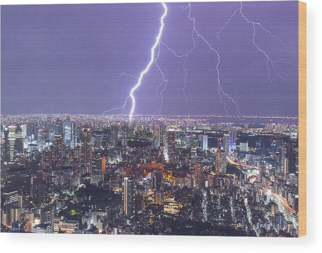 Scenics Wood Print featuring the photograph Heavy Thunderstorm and lightning over the night City, Storm and Rain by AlxeyPnferov