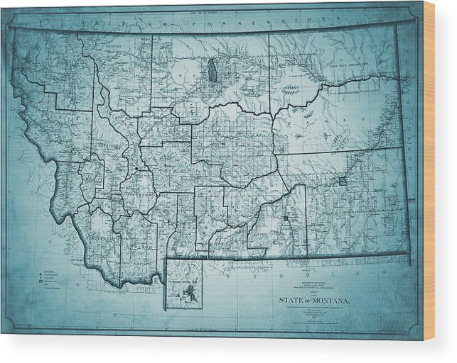 Montana Wood Print featuring the photograph Historical Map State of Montana 1897 Cool Blue by Carol Japp
