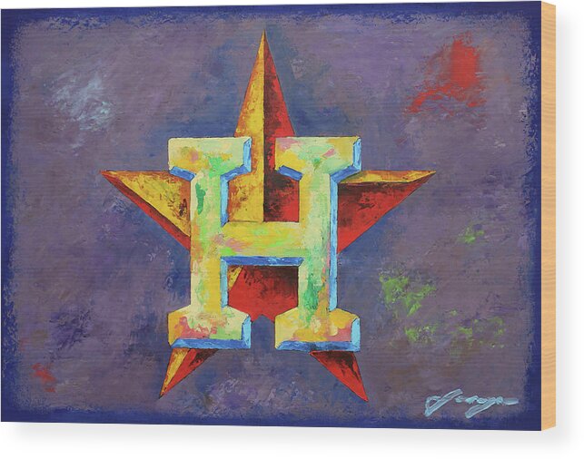 Baseball Wood Print featuring the painting Houston Astros baseball by Dan Haraga