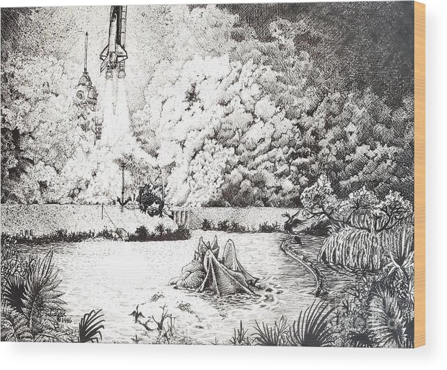 Pen Wood Print featuring the drawing How NASA really launches by Merana Cadorette