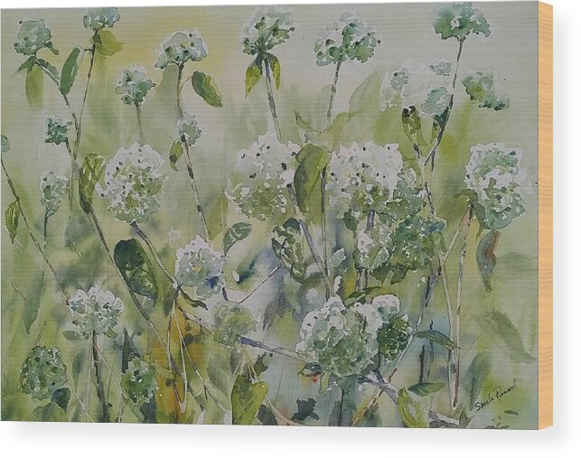 Rustic Garden Wood Print featuring the painting Hydrangeas by Sheila Romard