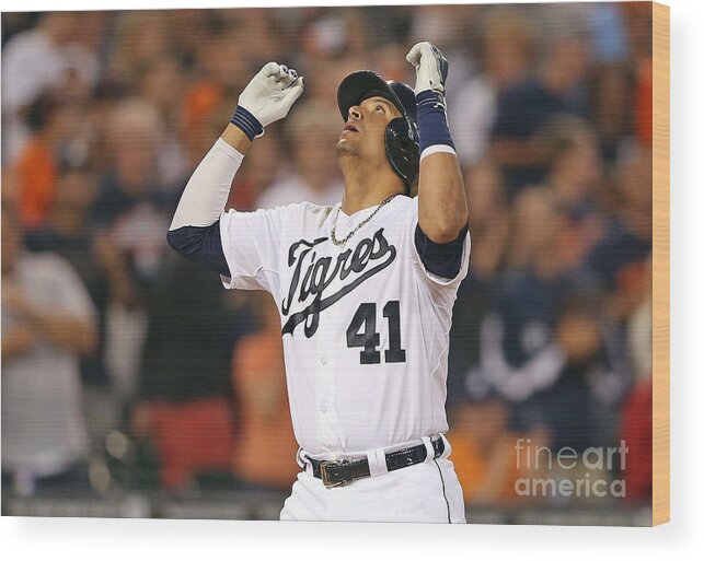 American League Baseball Wood Print featuring the photograph Ian Kinsler, Miguel Cabrera, and Victor Martinez by Leon Halip