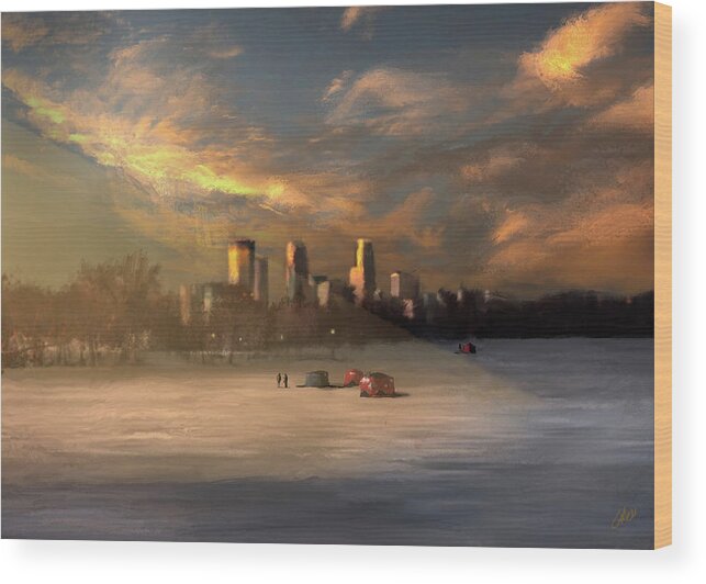 Lake Nokomis Wood Print featuring the digital art Ice Fishing on Lake Nokomis at Sunset by Glenn Galen