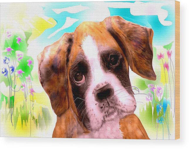 Pencil Sketched Boxer Puppy Resting After A Romp In The Meadow. Wood Print featuring the mixed media Just another Blossom. by Pamela Calhoun
