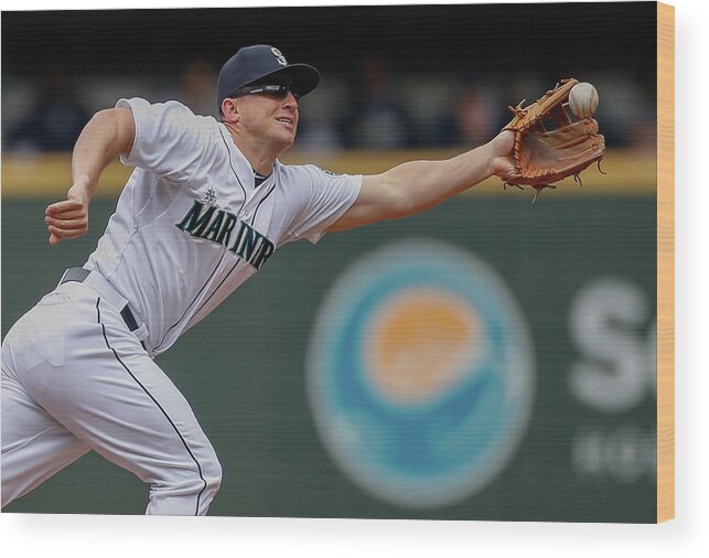 American League Baseball Wood Print featuring the photograph Kyle Seager and Chris Denorfia by Otto Greule Jr