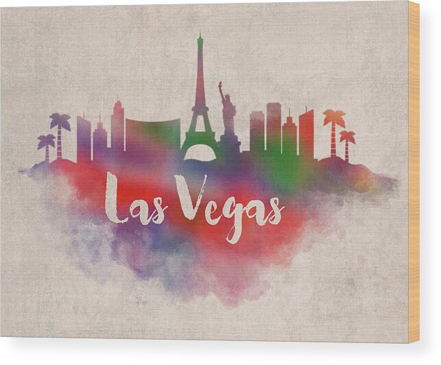Las Vegas Wood Print featuring the mixed media Las Vegas Nevada Watercolor City Skyline by Design Turnpike