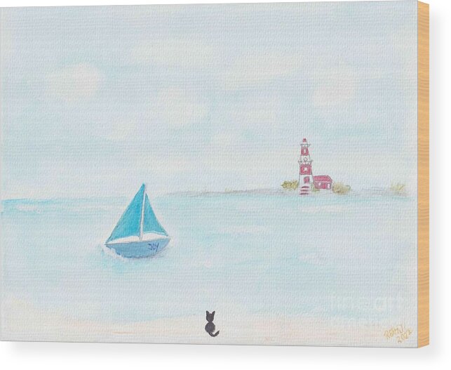 Lighthouse Wood Print featuring the painting Lighthouse, a Sailboat and a Cat on the Beach by Renate Janssen