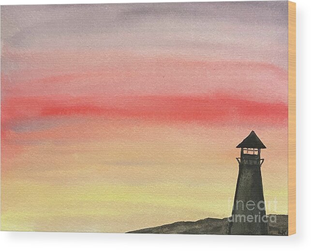 Sunset Wood Print featuring the painting Lighthouse at Sunset by Lisa Neuman