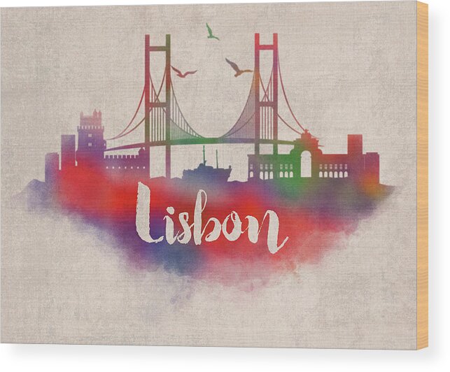 Lisbon Wood Print featuring the mixed media Lisbon Portugal Watercolor City Skyline by Design Turnpike