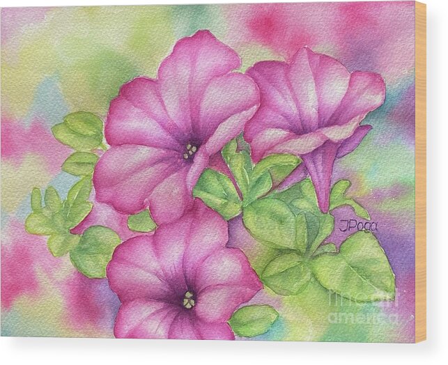 Pink Wood Print featuring the painting Lovely pink petunias by Inese Poga