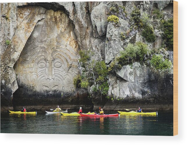 Lake Taupo Wood Print featuring the photograph Ancestors - Maori Rock Carving, Lake Taupo, New Zealand by Earth And Spirit