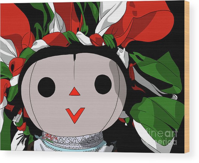 Mazahua Wood Print featuring the digital art Maria Doll green white red by Marisol VB