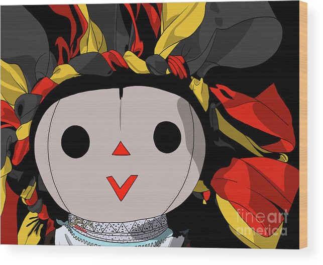Mazahua Wood Print featuring the digital art Maria Doll red yellow black by Marisol VB