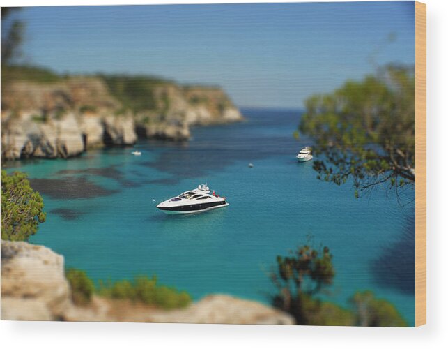 Tropical Wood Print featuring the photograph Menorca, island, Spain, photo effect miniature yacht by Severija Kirilovaite