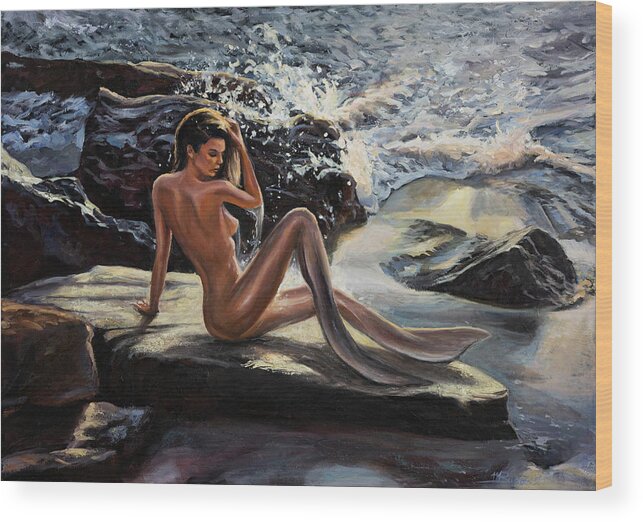 Mermaid Wood Print featuring the painting Mermaid on the rocks by Marco Busoni