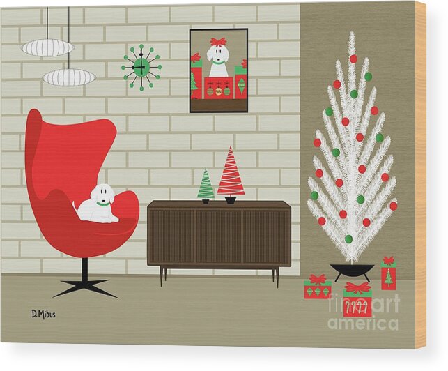 Mid Century Dog Wood Print featuring the digital art Mid Century Christmas Room White Dog by Donna Mibus