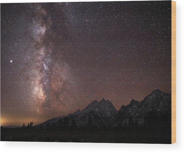 Milky Way Wood Print featuring the photograph Milky Way ovr the Grand Tetons by Jean Clark