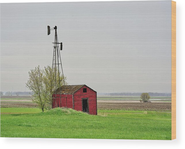 Windmill Wood Print featuring the photograph Misty Memories - windmill and pumphouse in Barnes County ND by Peter Herman