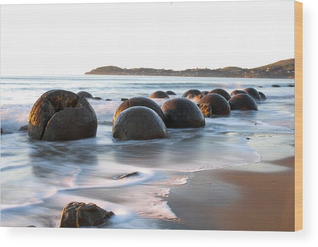 Moeraki Wood Print featuring the photograph Tranquility - Moeraki Boulders, South Island. New Zealand by Earth And Spirit