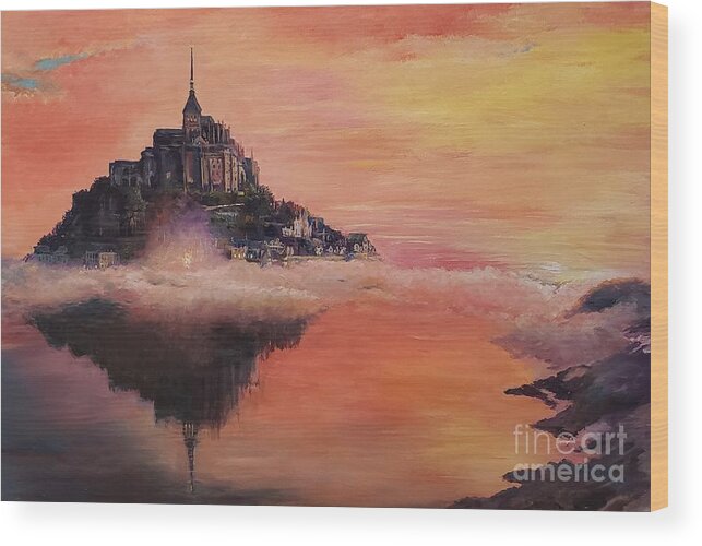 Sunset Wood Print featuring the painting Mont St. Michel by Merana Cadorette