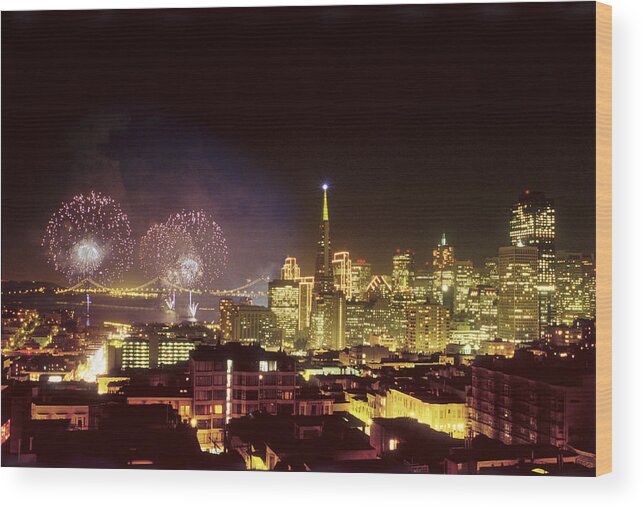 Firework Display Wood Print featuring the photograph New Years Fireworks in San Francisco 2000 by Jjwithers