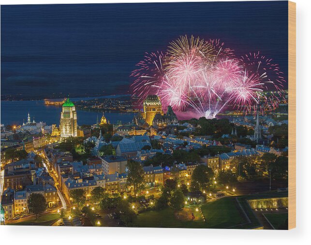Old Quebec Wood Print featuring the photograph Old Quebec city Fireworks by Jean Surprenant
