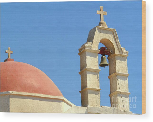 Santorini Wood Print featuring the photograph One of the many churches on Santorini with a single church bell. by Gunther Allen
