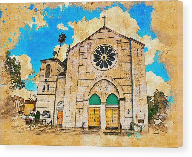 Our Lady Of Perpetual Help Wood Print featuring the digital art Our Lady of Perpetual Help catholic church in Downey, California by Nicko Prints