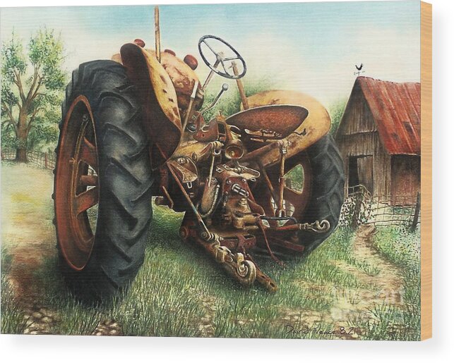 Tractor Wood Print featuring the drawing Out to Pasture by David Neace