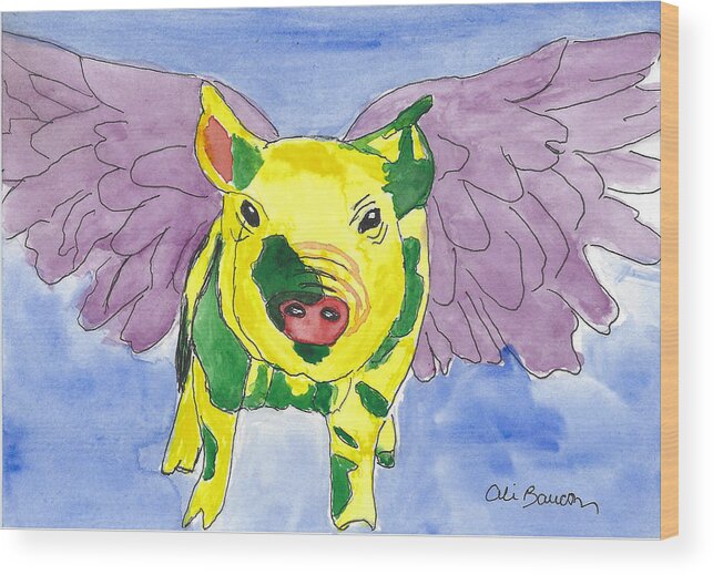 Pig Wood Print featuring the painting Ozzy the PIgasus by Ali Baucom