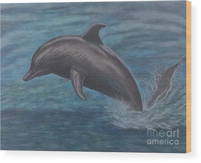 Sea Wood Print featuring the painting Painting The Dolphings sea blue nature ocean anim by N Akkash