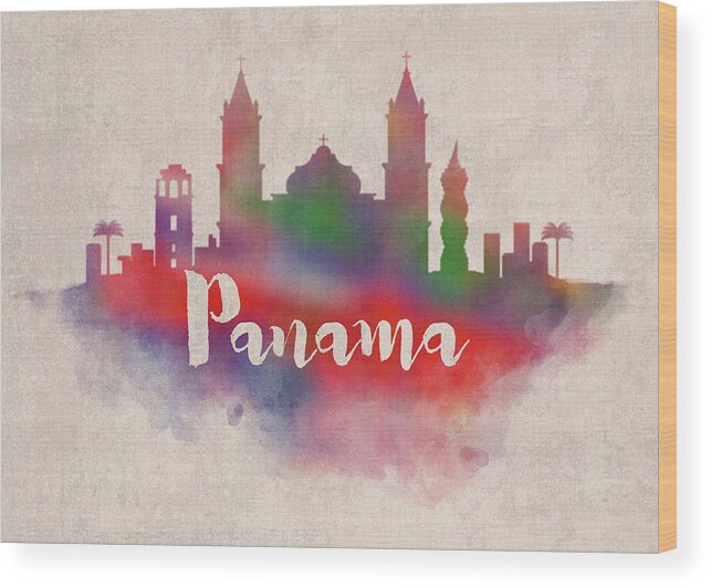 Panama Wood Print featuring the mixed media Panama Central America Watercolor City Skyline by Design Turnpike