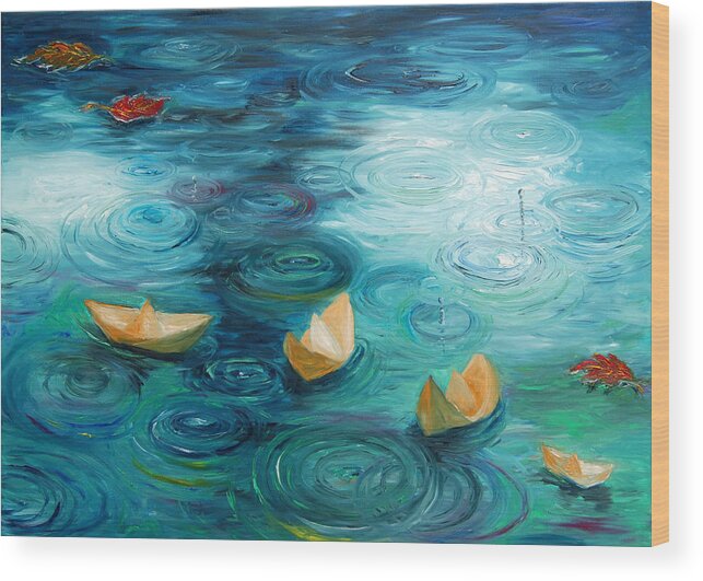 Hafsa Wood Print featuring the painting Paper boats by Hafsa Idrees