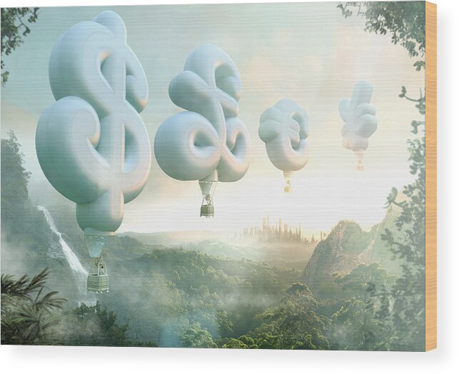 Scenics Wood Print featuring the drawing People floating in currency symbol hot air balloons by Colin Anderson Productions pty ltd