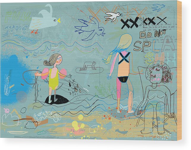 Child Wood Print featuring the drawing People on the beach having fun by Beastfromeast