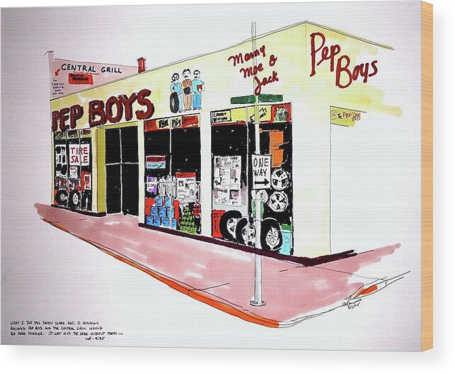 Graphic Wood Print featuring the drawing Pep Boys by William Renzulli