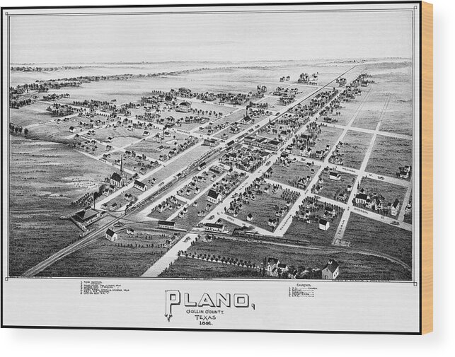 Plano Wood Print featuring the photograph Plano Texas Vintage Map Birds Eye View 1891 Black and White by Carol Japp