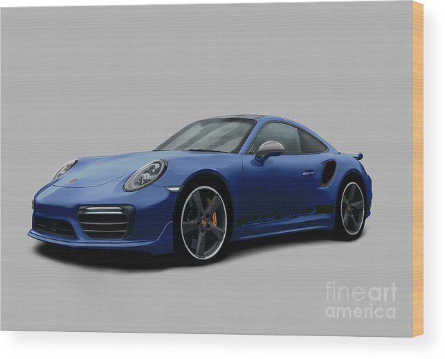 Hand Drawn Wood Print featuring the digital art Porsche 911 991 Turbo S Digitally Drawn - Dark Blue with side decals script by Moospeed Art