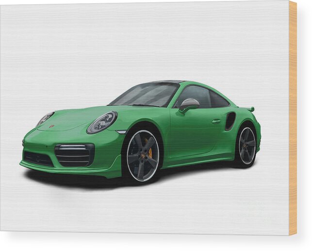 Hand Drawn Wood Print featuring the digital art Porsche 911 991 Turbo S Digitally Drawn - Green by Moospeed Art