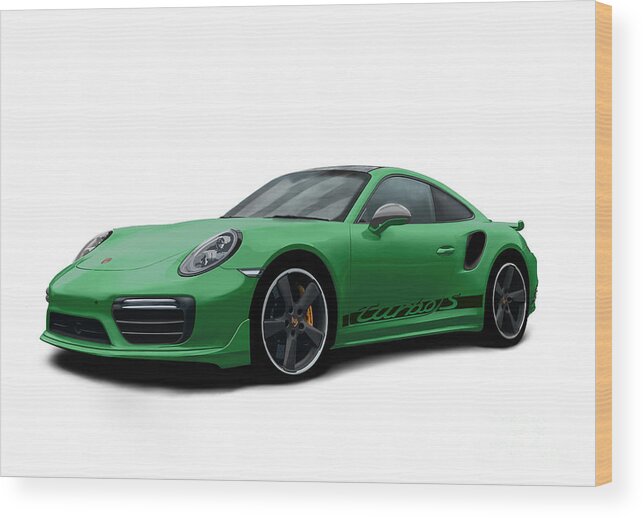 Hand Drawn Wood Print featuring the digital art Porsche 911 991 Turbo S Digitally Drawn - Green with side decals script by Moospeed Art