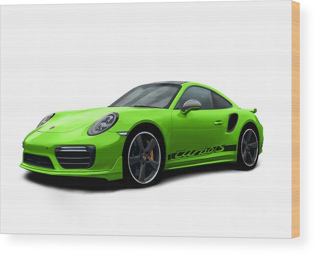 Hand Drawn Wood Print featuring the digital art Porsche 911 991 Turbo S Digitally Drawn - Light Green with side decals script by Moospeed Art