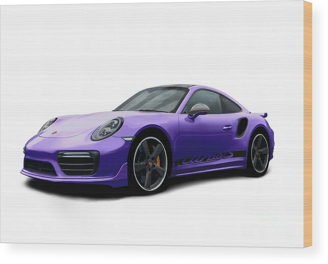 Hand Drawn Wood Print featuring the digital art Porsche 911 991 Turbo S Digitally Drawn - Purple with side decals script by Moospeed Art