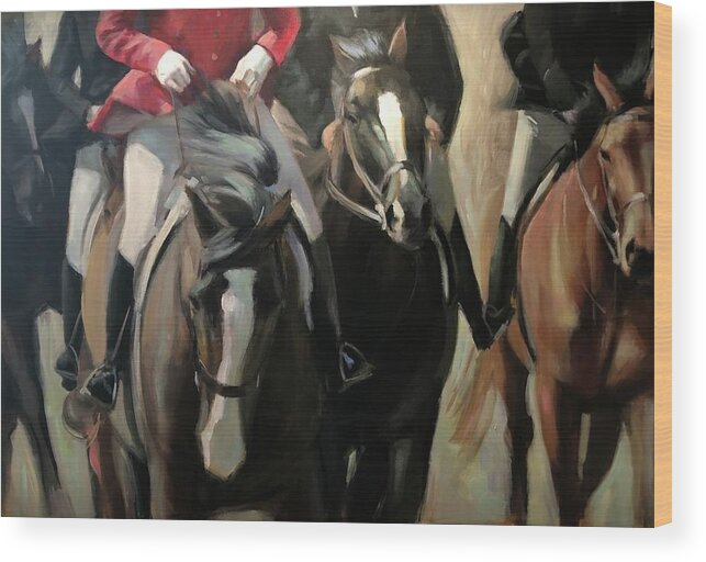 Horse Horses Foxhunt Animals Equestrian Oil Painting Contemporary Wood Print featuring the painting Pulling on the rein by Susan Bradbury