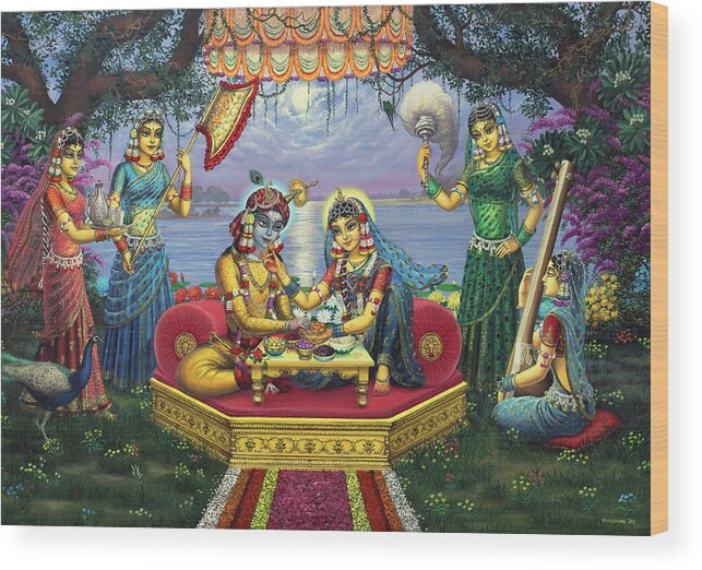 Krishna Wood Print featuring the painting Radha Krishna Bhojan Lila by Vrindavan Das